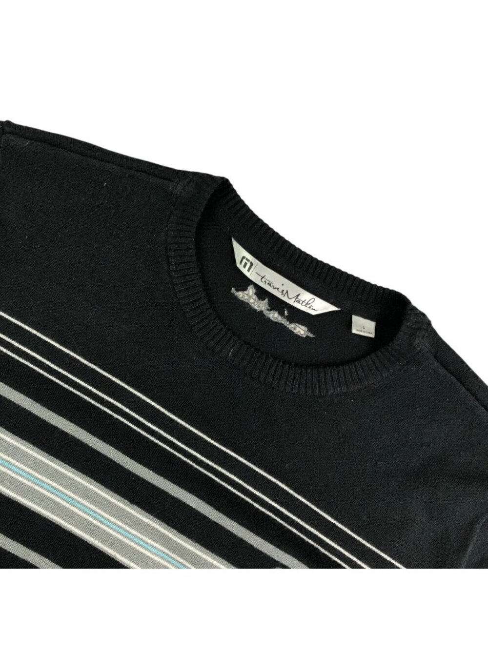 Travis Mathew Men's Crewneck Sweater Black Stripe • Large